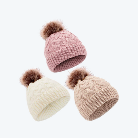 Baby Winter Knit Beanie Set Color: White/Beige/Pink-3pcs