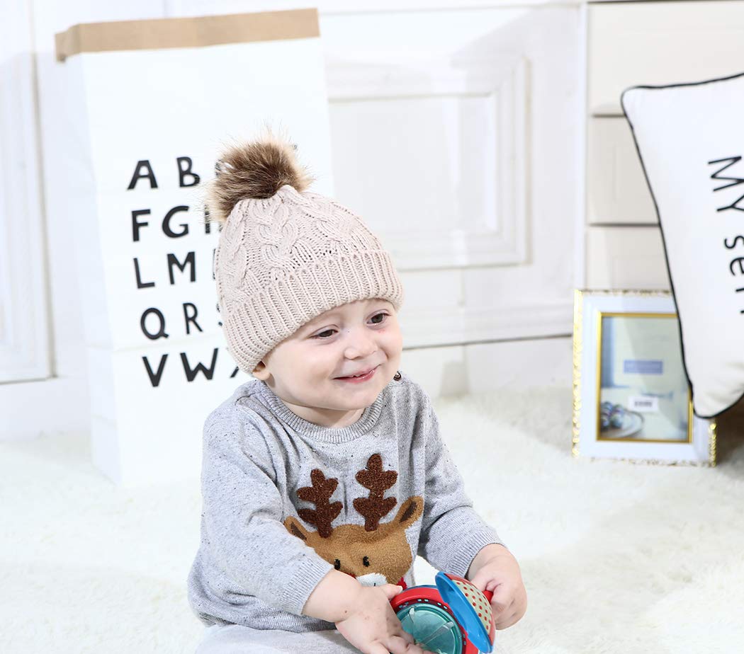 Baby Winter Knit Beanie Set Color: White/Beige/Pink-3pcs