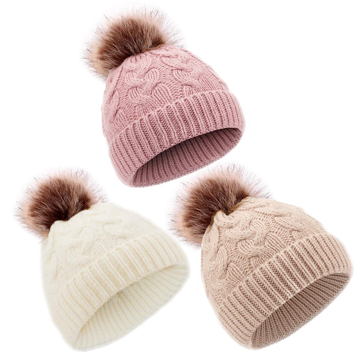 Baby Winter Knit Beanie Set Color: White/Beige/Pink-3pcs