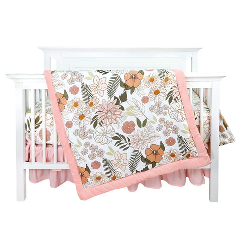 Flower 4-Piece Crib Bedding Set, Baby Girl Bedding Crib Set, Daisy Crib Skirt, Baby Quilt, Crib Sheet and Diaper Stacker