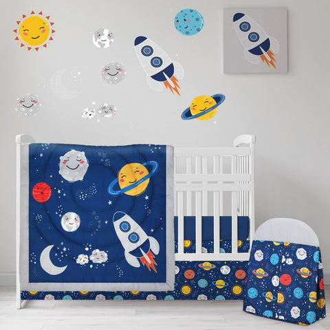 4 Pieces Baby Crib Bedding Set, Nursery Bedding Standard Size Soft Baby Bedding Set Including Crib Skirt, Blanket, Sheet and Diaper Stacker for Girls and Boys(Space)