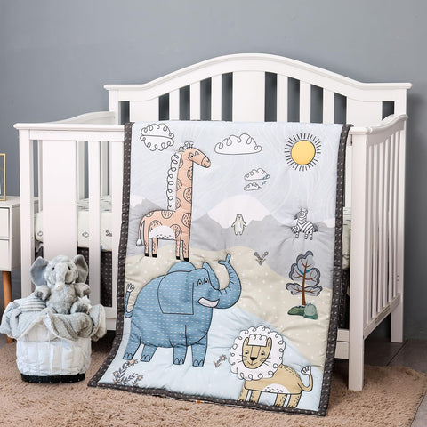 4 Piece Crib Bedding Set Baby Crib Bedding Set for Boys Girls, Soft Animal Nursery Bedding Set Includes Cartoon Comforter, Pillowcase, Sheet and Bed Skirt