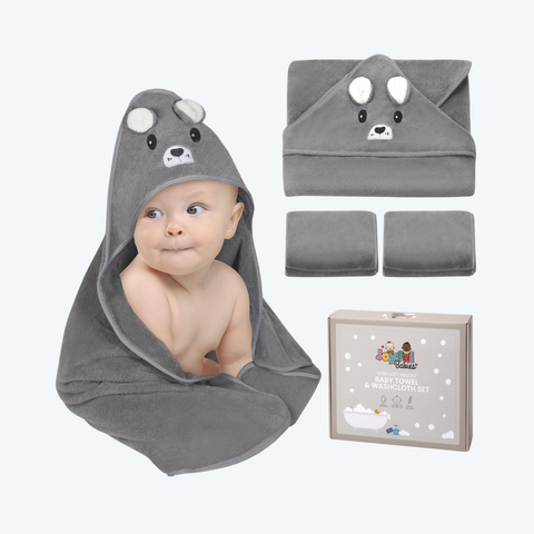 Hooded Baby Towel & Washcloth Set, Soft Absorbent, Hypoallergenic