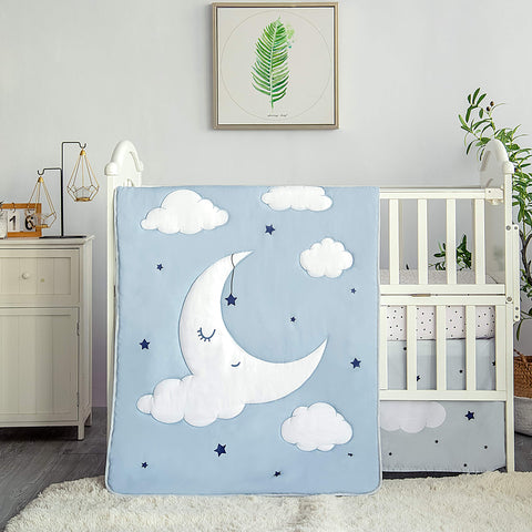 Sleeping Moon Baby Nursery Crib Bedding Set, 3 Piece Standard Size Crib Bedding Set, Blue and Grey